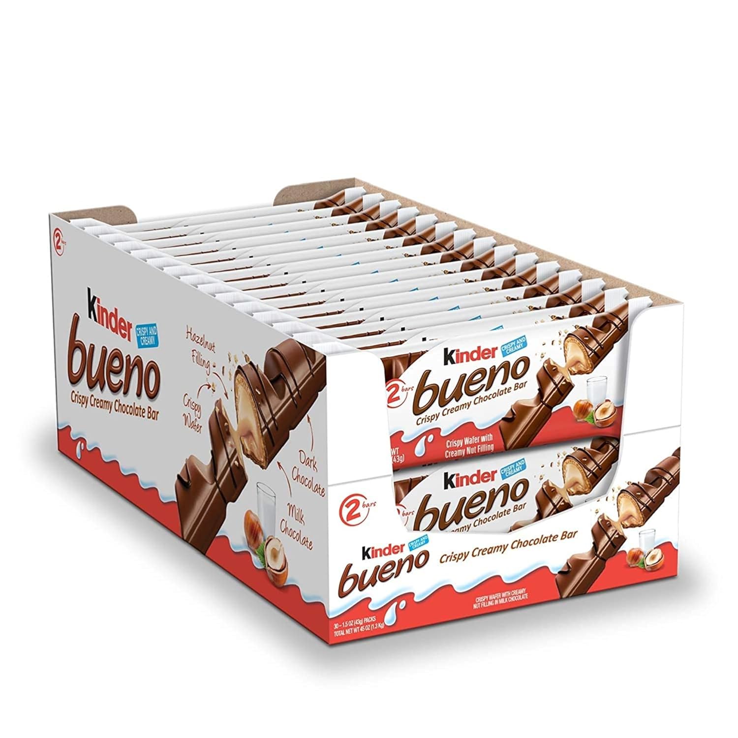 Kinder Bueno, Milk Chocolate and Hazelnut Cream, 30 Pack